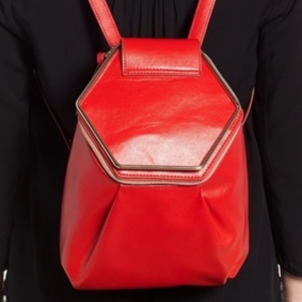 Metal Handle Faux Leather Red Convertible Backpack